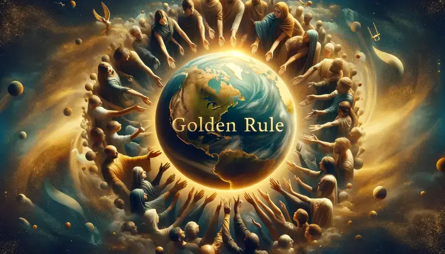 figures surround Earth, under "Golden Rule" text, suggesting a cosmic unity and guidance.