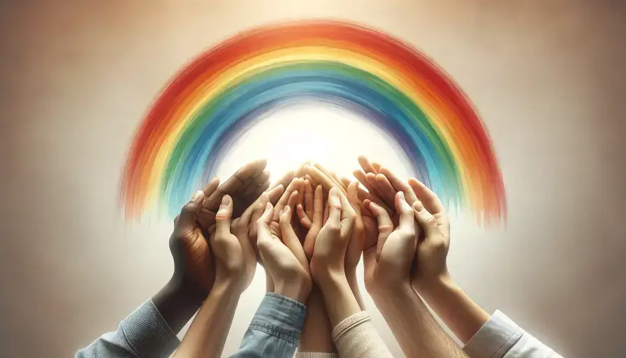 inclusiveness-In front of a rainbow, diversity, inclusivity, gender equality, and many different groups come together.