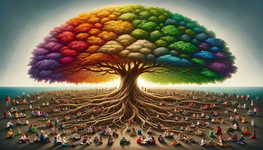 tree with deep, visible roots and a lush canopy of leaves in a spectrum of colors, people around it