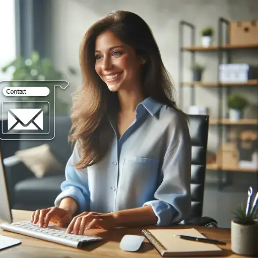 a woman in a modern, professional workspace, smiling and typing on a computer, surrounded by office decor and an email icon for easy contact.