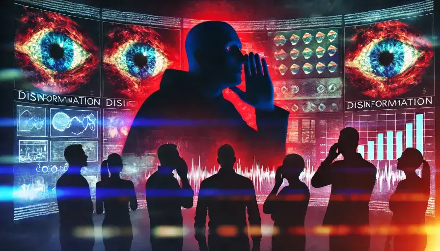 A dramatic, digitally enhanced image depicting a disinformation propaganda scene in Manufactured Realities. In the background, large screens display eyes and the word "DISINFORMATION" multiple times, with various graphs and data charts. A silhouette of a person whispering is prominently featured in the center, suggesting the spread of false information. In the foreground, a group of people with silhouettes is seen covering their ears, symbolizing the impact and reach of disinformation. The overall color scheme is dark with vibrant reds and blues, creating a sense of urgency and manipulation.