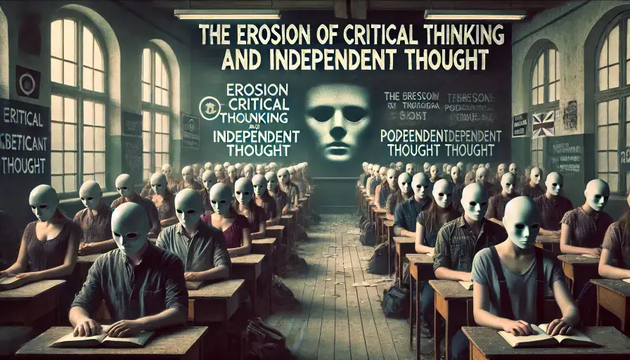 A haunting and surreal image illustrating the erosion of critical thinking and independent thought by propaganda. The scene depicts a classroom filled with rows of students, all wearing identical white masks, symbolizing a lack of individuality and critical thinking. The walls of the classroom display large text stating "THE EROSION OF CRITICAL THINKING AND INDEPENDENT THOUGHT," alongside distorted versions of the same phrase. A large, masked face is projected at the front of the classroom, emphasizing the loss of personal identity and critical engagement. The overall atmosphere is dark and oppressive, with a muted color palette adding to the sense of conformity and control.