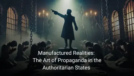 A figure in authority stands on a podium, pointing aggressively at a cowering crowd, with chains and shackles in the background. It also has an overlay of words "Manufactured Realities:The art of propaganda in the authoritarian states"