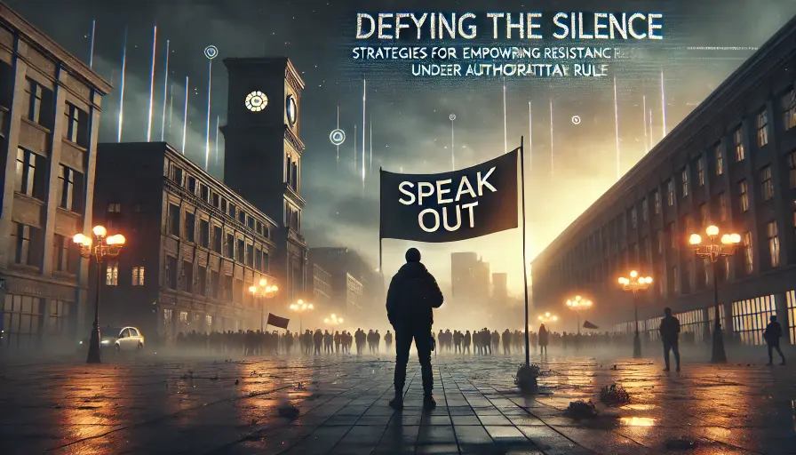 An individual stands alone in a misty city square, holding a 'Speak Out' banner, facing a distant crowd, symbolizing resistance under authoritarian rule